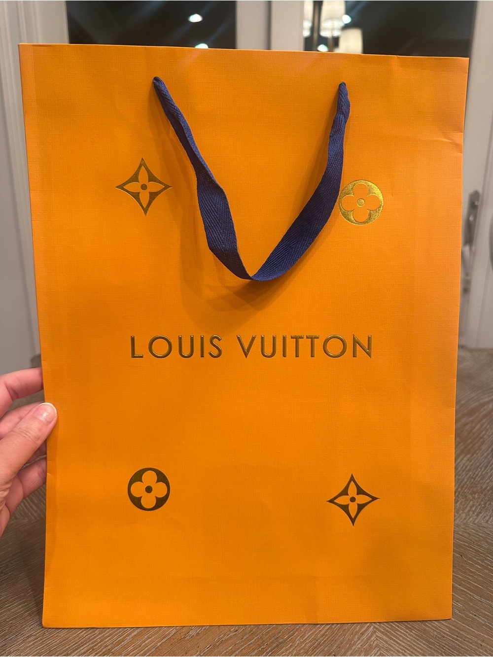 Louis Vuitton Orange Paper Shopping Bag with Navy Ribbon Handles